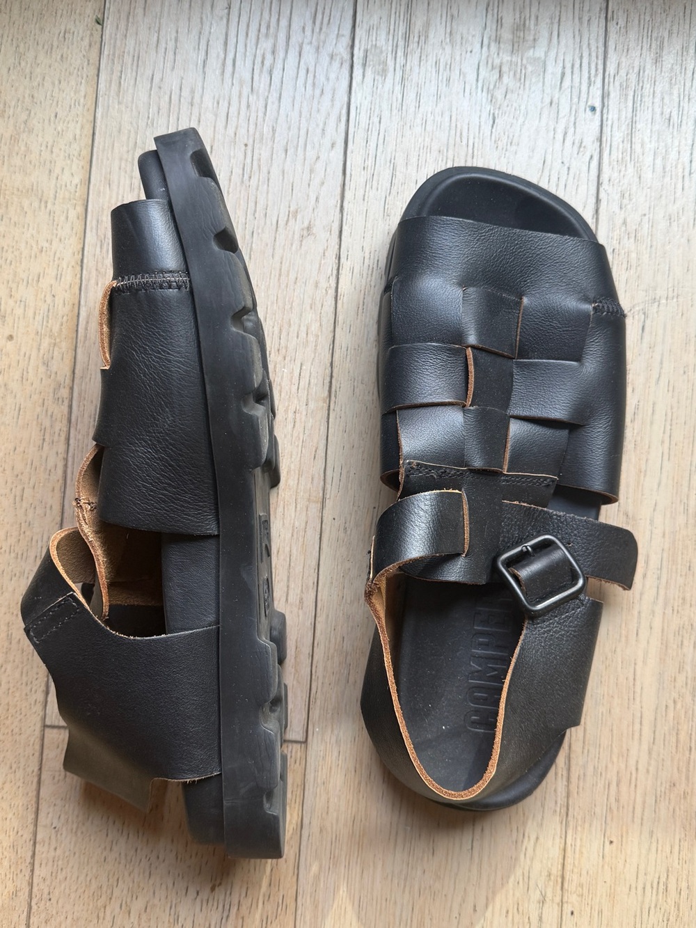 Mens Camper Black Fisherman Leather Sandals